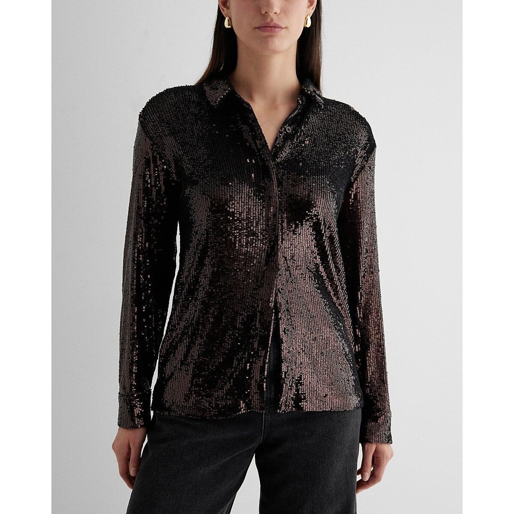Express Relaxed Portofino Shirt Womens L Black NEW Sequin Long Sleeve Button Up